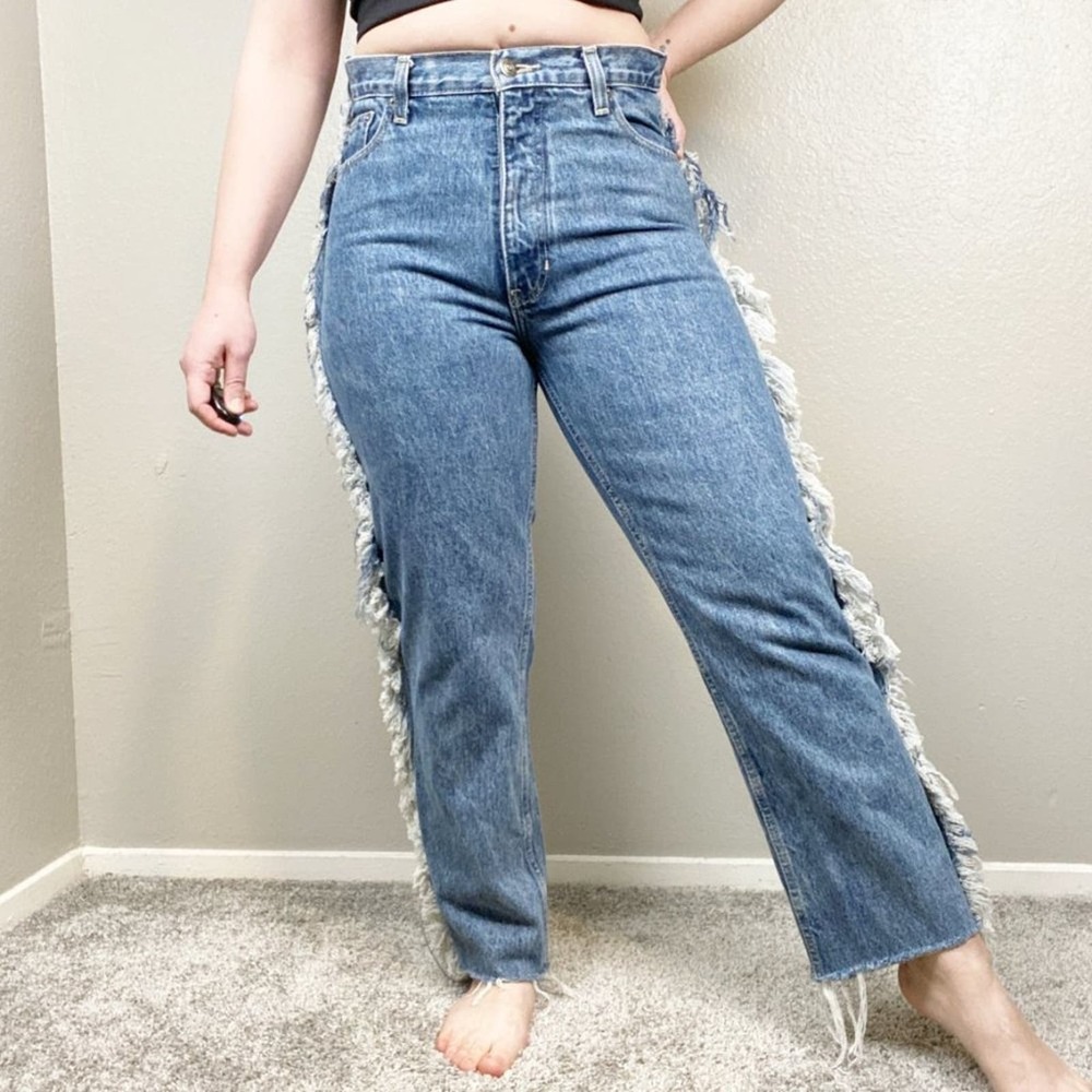 Vintage Y2K Fringe Reworked Handmade High Rise Raw Hem Frayed Straight Leg Jean